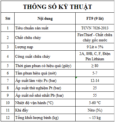 Th&ocirc;ng số kỹ thuật của b&igrave;nh chữa ch&aacute;y FireThief 9L